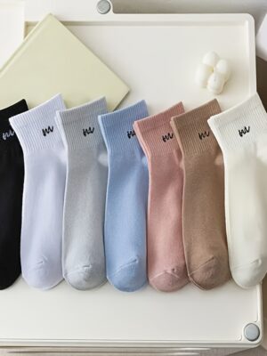 1-5 Pair Women Men Casual Letter & Solid Color Short Socks